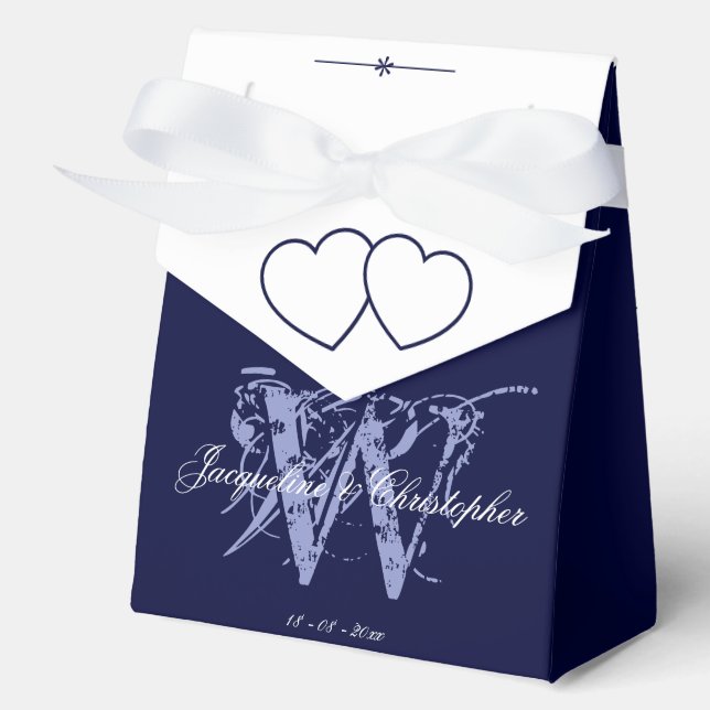 Classic Navy Blue Wedding Monogram White Names Favor Box (Front)