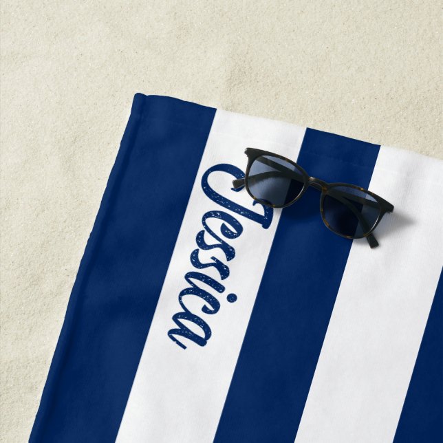 Classic Navy Blue White Cabana Strip Personalized  Beach Towel (In Situ)