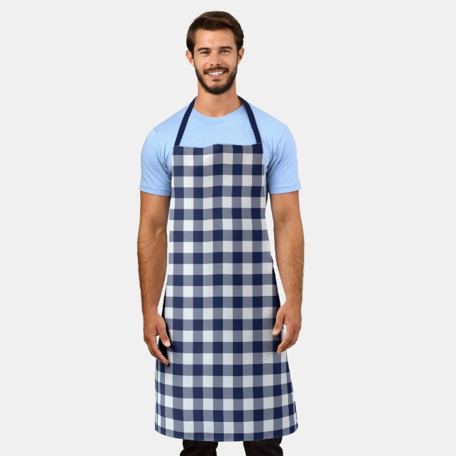 Classic Navy Blue White Gingham Check Pattern Apron (Worn)