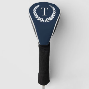 Classic Navy Blue & White Initial Laurel Monogram Golf Head Cover