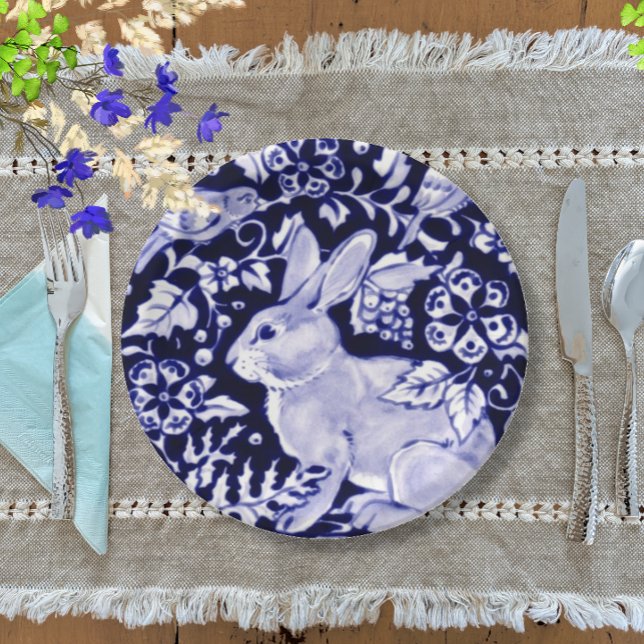 Classic Navy Blue, White Rabbit Birds Dedham Delft Paper Plate (Creator Uploaded)