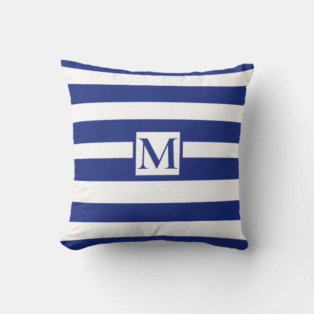 Classic navy blue white strips monogram throw pillow (Front)