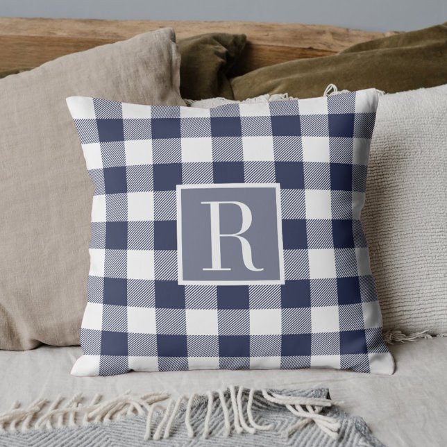 Classic Navy Buffalo Check Initial Throw Pillow (Creator Uploaded)
