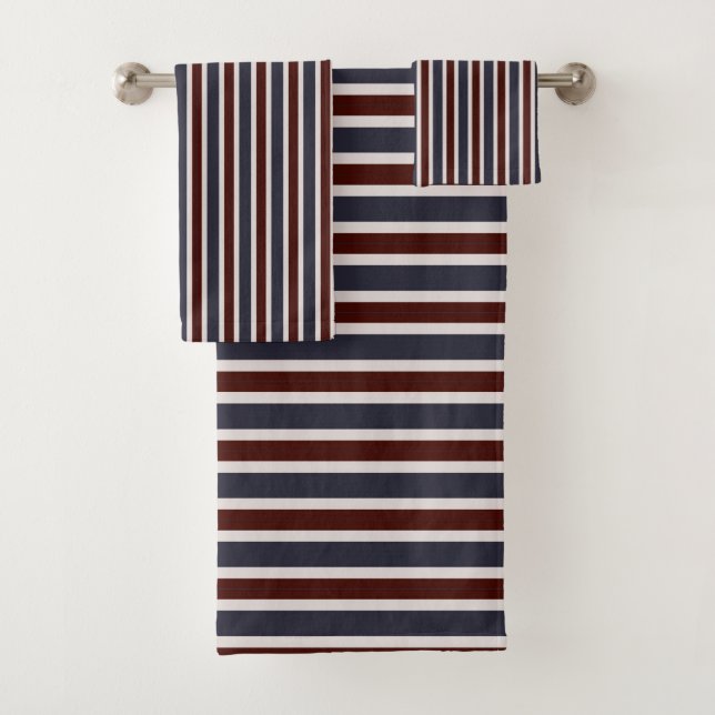 Classic Navy & Burgundy Vertical Stripes Bath Towel Set (Insitu)