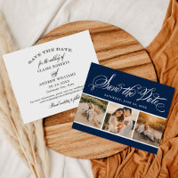 Classic Navy Calligraphy Three Photo Wedding