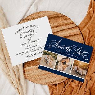 Classic Navy Calligraphy Three Photo Wedding Save The Date