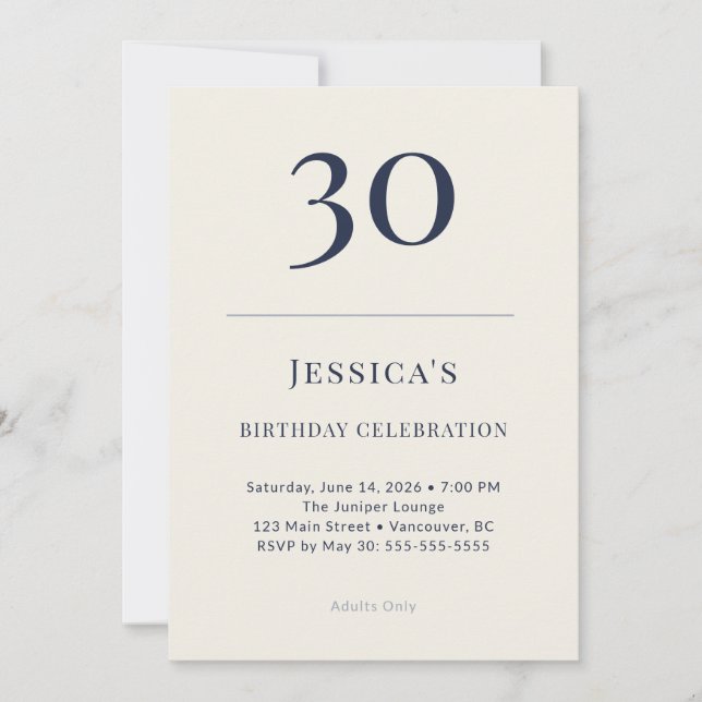Classic Navy & Cream 30th Birthday Celebration Invitation (Front)