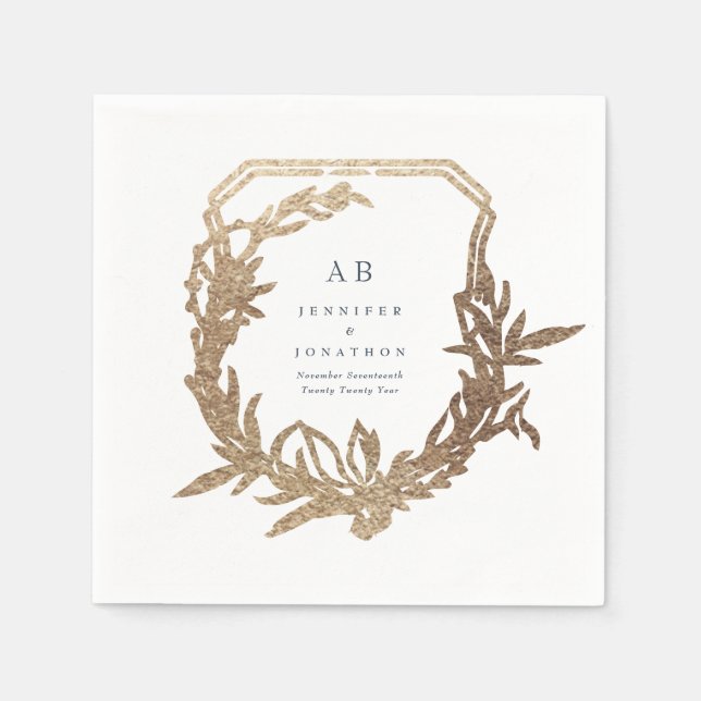 classic navy florals gold motif monogram wedding napkin (Front)