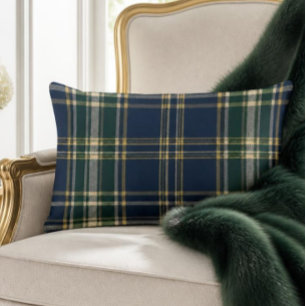 Classic Navy & Forest Green Tartan Plaid Lumbar Pillow