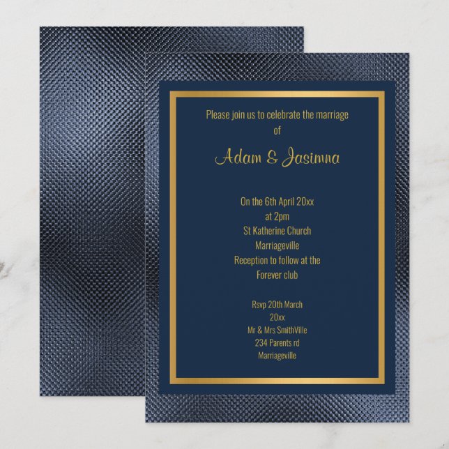 CLASSIC NAVY GOLD LAYERED EMBOSSED WEDDING INVITATION (Front/Back)