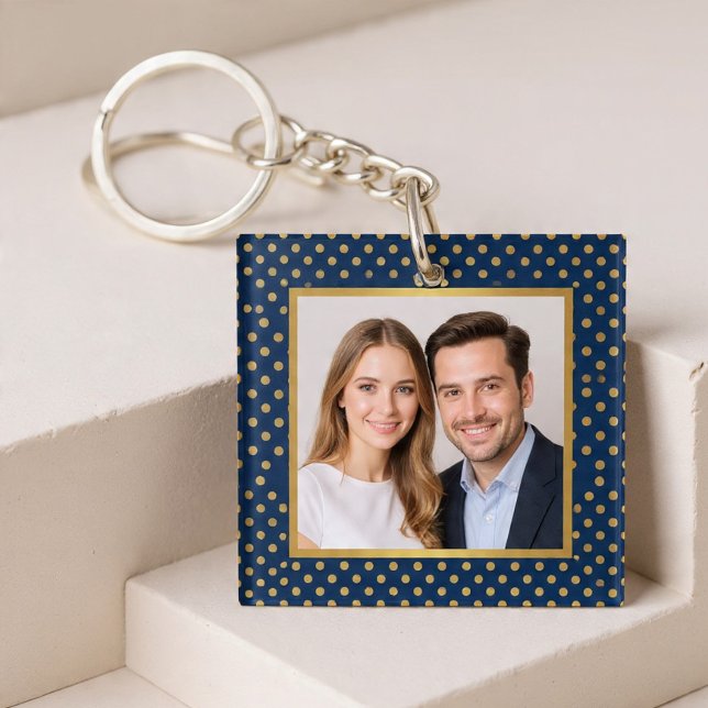 Classic Navy & Gold Polka Dot Frame Photo Keychain (Creator Uploaded)