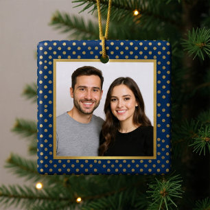Classic Navy & Gold Polka Dot Frame Photo Xmas Metal Ornament