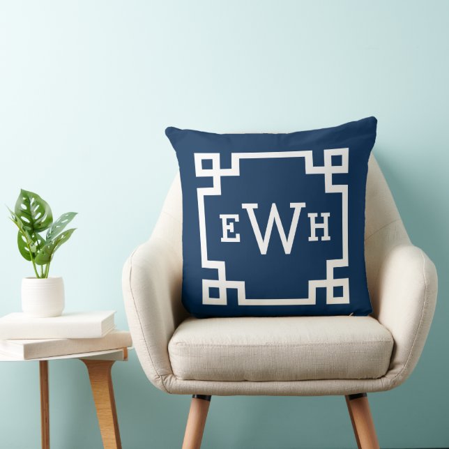 Classic Navy Greek Key Monogram Initial Throw Pillow (Chair)