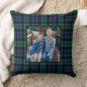 Classic Navy Green Black Watch Plaid Holiday Photo Throw Pillow
