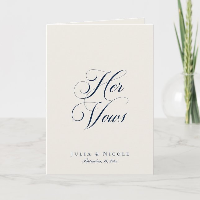 Classic Navy Ivory Calligraphy Wedding Her Vows Card (Front)