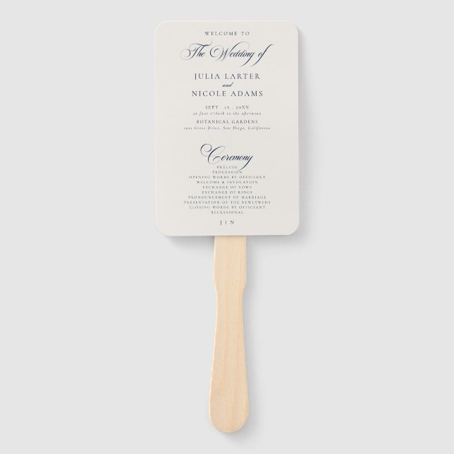 Classic Navy Ivory Calligraphy Wedding Program Hand Fan (Front)