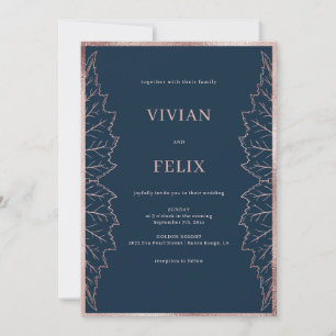 Classic Navy Matt Rose Gold Leaves Wedding Invitation