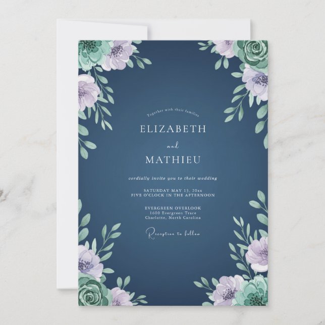 Classic Navy Periwinkle Petal Wedding Invitation (Front)
