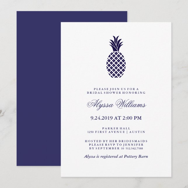 Classic Navy Pineapple Bridal Shower Invitation (Front/Back)