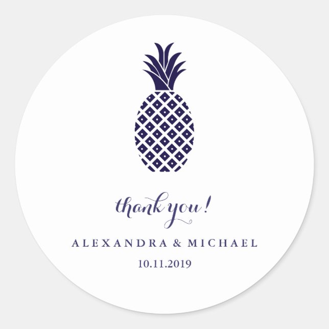 Classic Navy Pineapple Wedding Thank You Classic Round Sticker (Front)