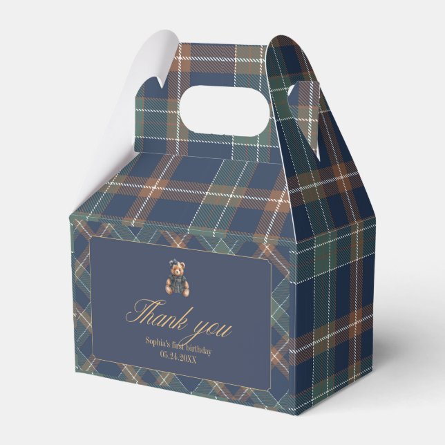 Classic Navy Plaid Teddy Bear Girl Birthday  Favor Box (Front Side)
