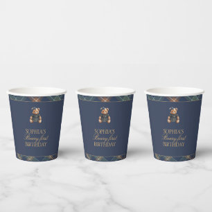 Classic Navy Plaid Teddy Bear Girl Birthday Paper Cups