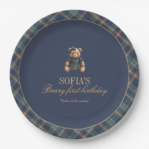 Classic Navy Plaid Teddy Bear Girl Birthday  Paper Plate