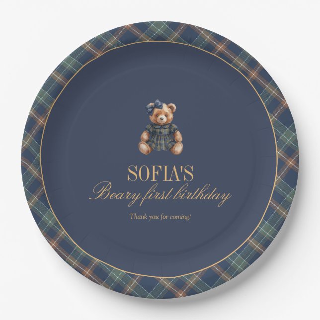 Classic Navy Plaid Teddy Bear Girl Birthday  Paper Plate (Front)