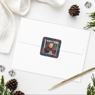 Classic Navy Red Green Tartan Plaid Holiday Photo Square Sticker