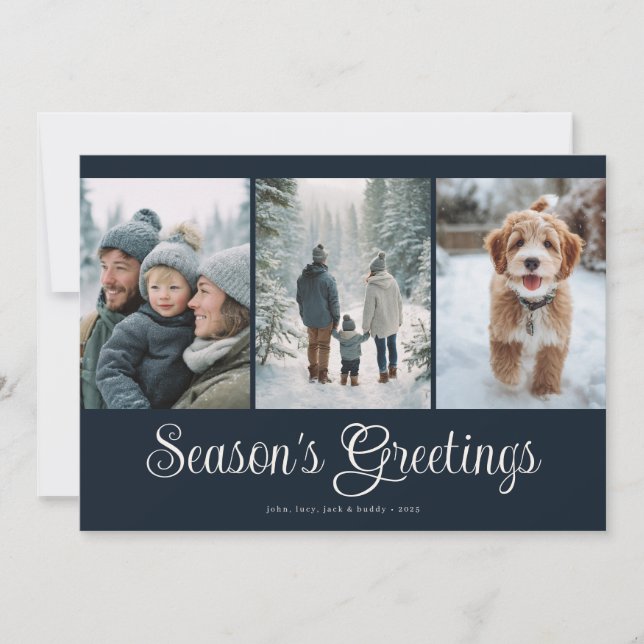 Classic Navy Seasons Greetings Photo Collage Holiday Card (Front)