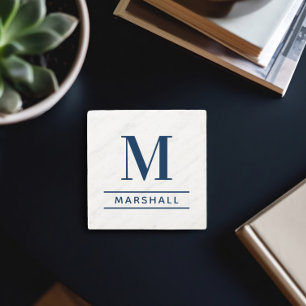 Classic Navy Serif Monogram Family Name Stone Coaster