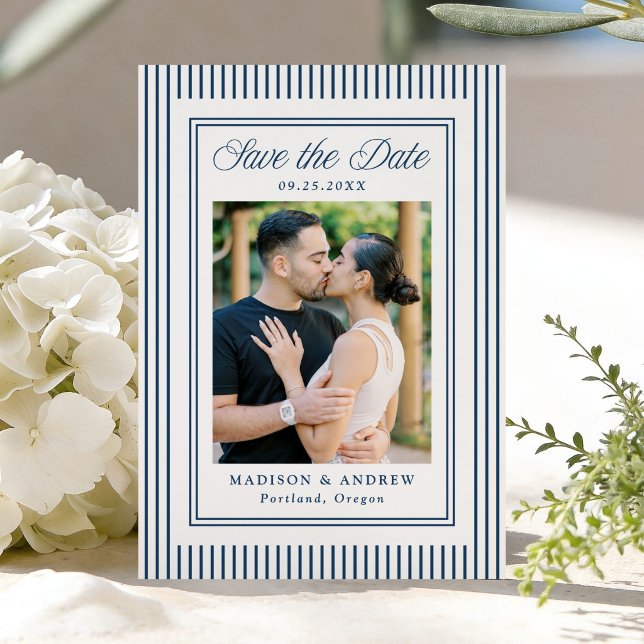 Classic Navy Stripes Photo Wedding Save The Date (Creator Uploaded)