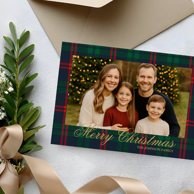 Classic Navy Tartan Plaid Photo Christmas Card (Share your holiday joy with this Classic Plaid Merry Christmas Family Photo Card)