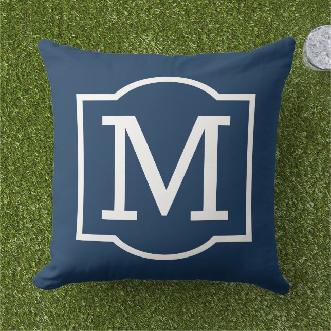 Classic Navy White Bracket Monogram Outdoor Pillow (Grass)