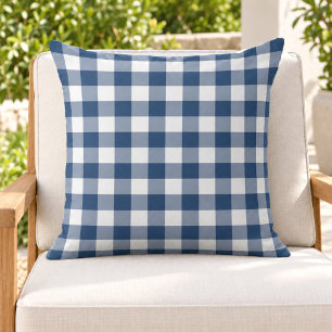 Classic Navy White Gingham Plaid Check Outdoor Pillow