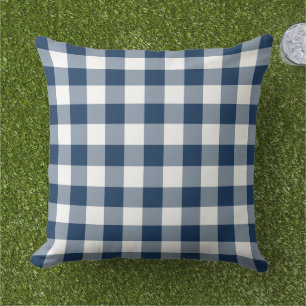 Classic Navy White Gingham Plaid Check Outdoor Pillow