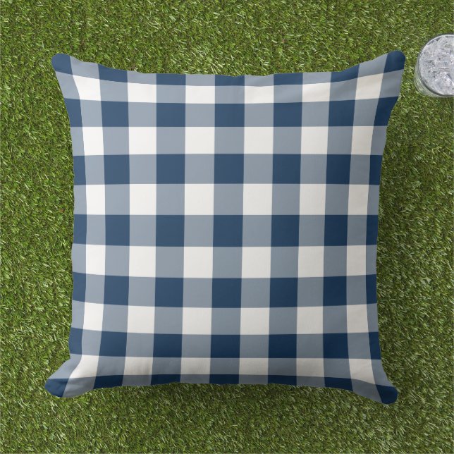Classic Navy White Gingham Plaid Check Outdoor Pillow (Grass)