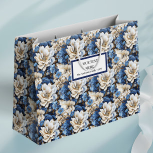 Classic Navy White Ivory Floral Elegant Gift Bag