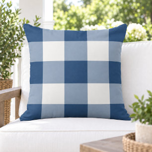 Classic Navy White Large Gingham Check Outdoor Pillow
