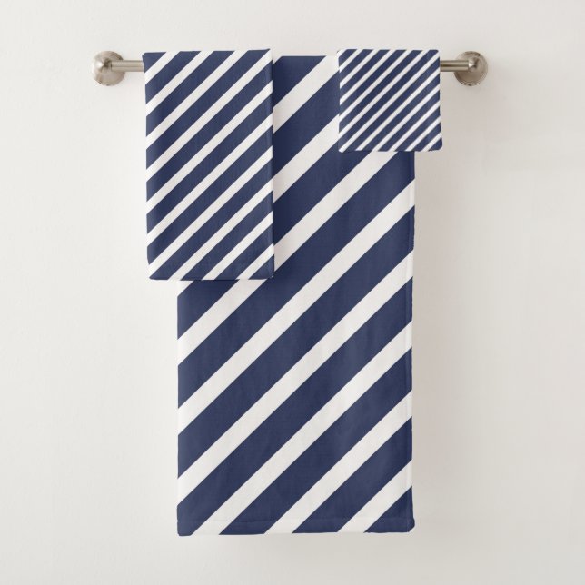 CLASSIC NAVY WHITE STRIPE BATHROOM TOWEL SET (Insitu)