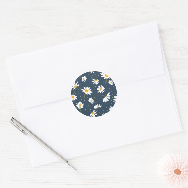 Classic Navy Yellow White Daisy Floral Pattern Classic Round Sticker (Envelope)