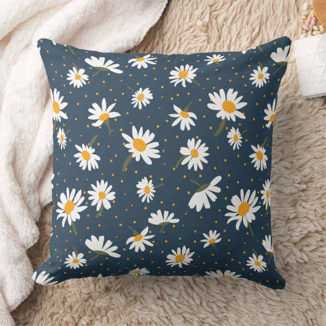 Classic Navy Yellow White Daisy Floral Pattern Throw Pillow (Blanket)