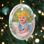 Classic Newborn 1st Christmas Grandparents   Ceramic Ornament<br><div class="desc">The ornament in oval shape has a classic silver frame adorned with Christmas plants and ribbon to display your own special memory of your new baby. The bright and shiny silver border encircles your photos. The holly, greenery and silk ribbon complete the whole design with a joyful atmosphere of the...</div>