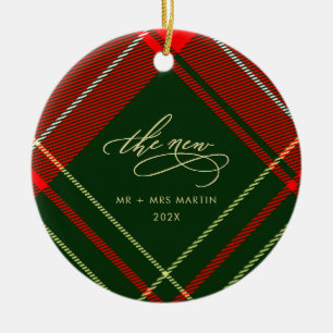 Classic Newlywed Christmas Red Plaid Photo Holiday Ceramic Ornament