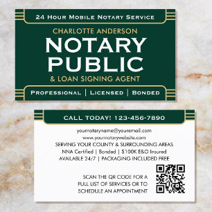 Classic Notary Public Signing Agent Green Gold Business Card