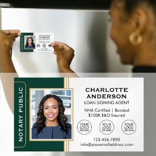 Classic Notary Signing Agent Photo Green Gold Magnetic Business Card