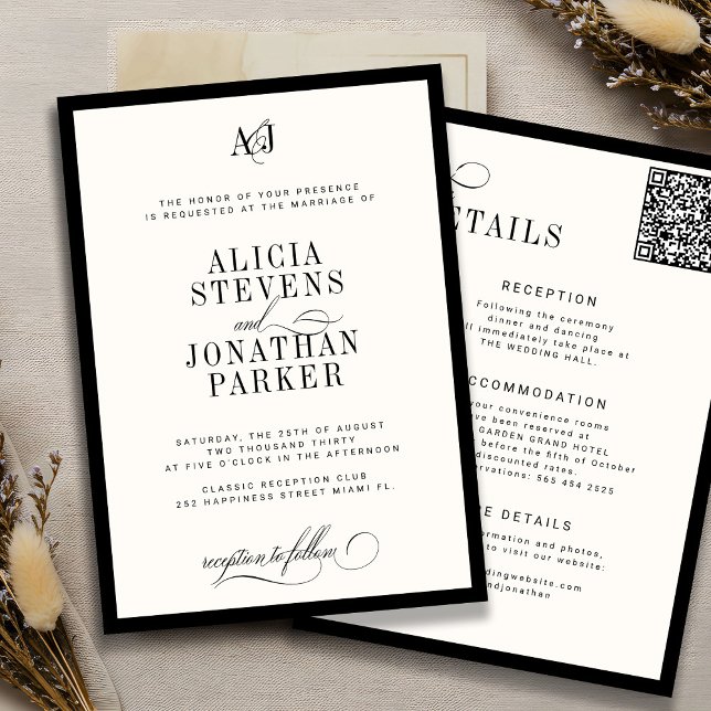 Classic old money black ivory wedding invitation (Creator Uploaded)