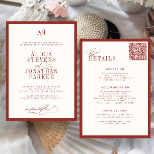 Classic old money red ivory wedding invitation