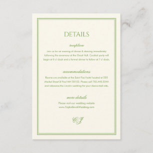 Classic Old Money White and Green Wedding Details Enclosure Card