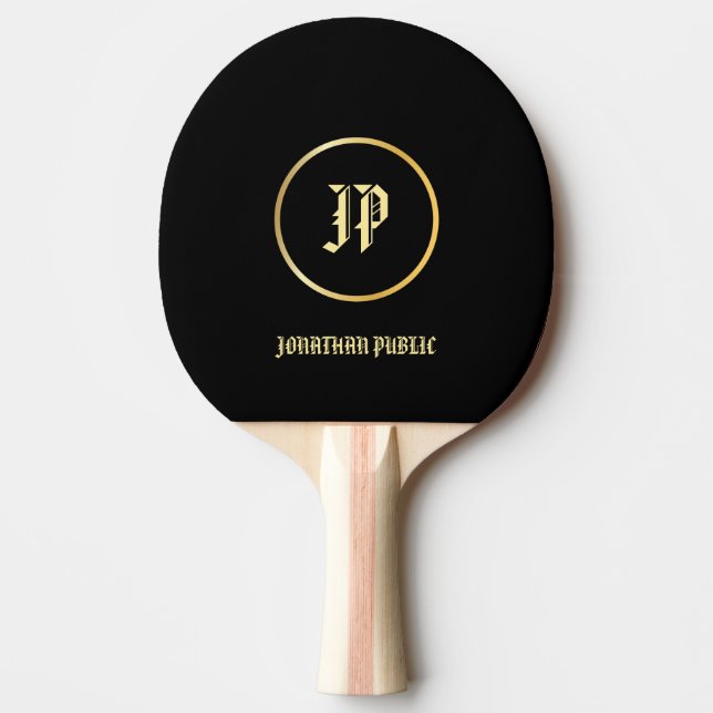 Classic Old Style Text Gold Monogram Elegant Black Ping Pong Paddle (Front)